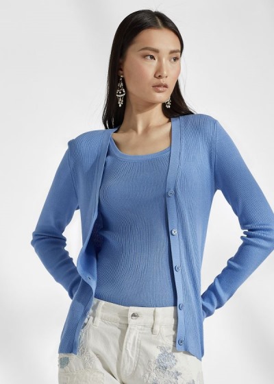 Cárdigan Ralph Lauren Mujer Azules Claro - Rib-Knit Silk - ONFHB1405